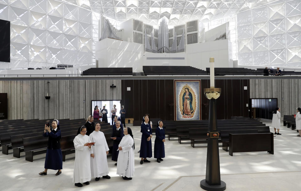 Nuns get a first look at the newly renovated Christ Cathedral Monday, July 8, 2019, in Garden Grove, Calif. The 88,000-square-foot Catholic church has undergone a $77 million renovation. (AP Photo/Marcio Jose Sanchez)