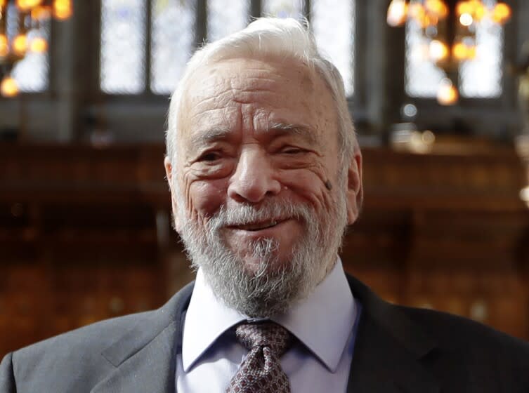 FILE - This Sept. 27, 2018 file photo shows composer and lyricist, Stephen Sondheim after being awarded the Freedom of the City of London at a ceremony at the Guildhall in London. Broadway stars will pay a 90th birthday tribute to Sondheim on the free virtual concert "Take Me To The World," set to air live on April 26. (AP Photo/Kirsty Wigglesworth, File)