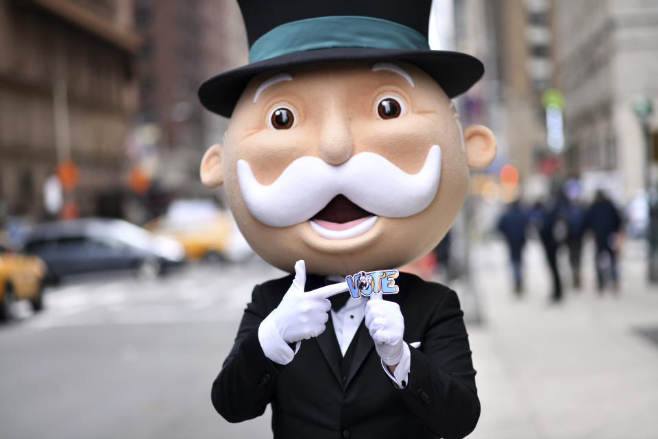 Rich Uncle Pennybags in New York City on March 17, 2021. (Charles Sykes/AP Images for Hasbro, Inc.)