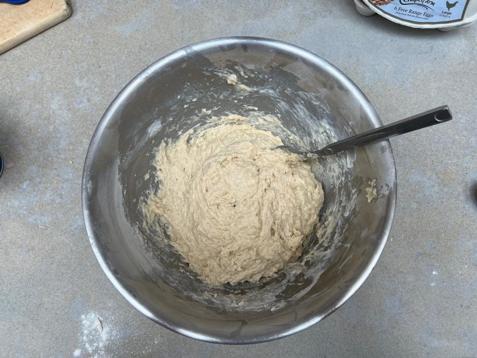 With the flour, baking soda, and cream of tartar added, the mix started to feel doughy.