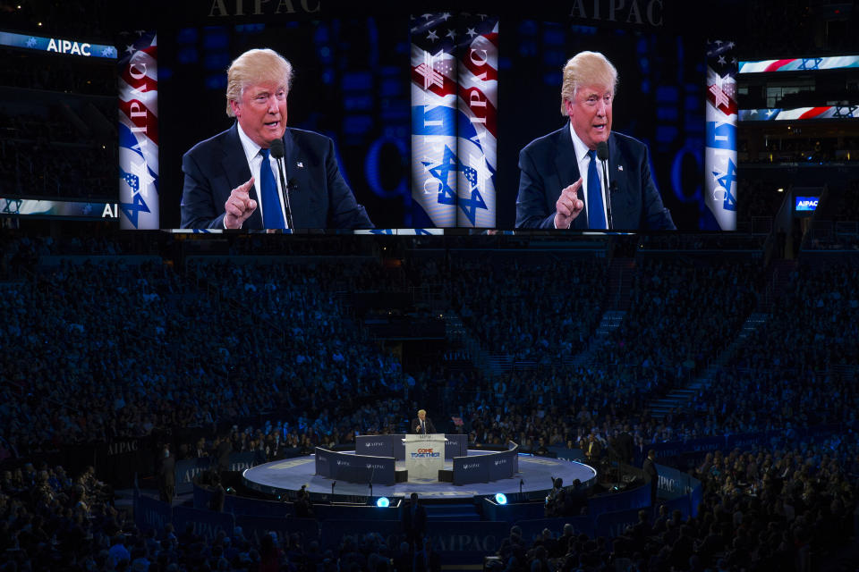 FILE - In this Monday, March 21, 2016 file photo, Republican presidential candidate Donald Trump speaks at the 2016 American Israel Public Affairs Committee (AIPAC) Policy Conference at the Verizon Center in Washington. Jewish American voters have leaned Democratic for decades, but the GOP is still eyeing modest gains with the constituency in states where President Donald Trump could reap major benefits with even small improvements over his performance in 2016. (AP Photo/Evan Vucci)