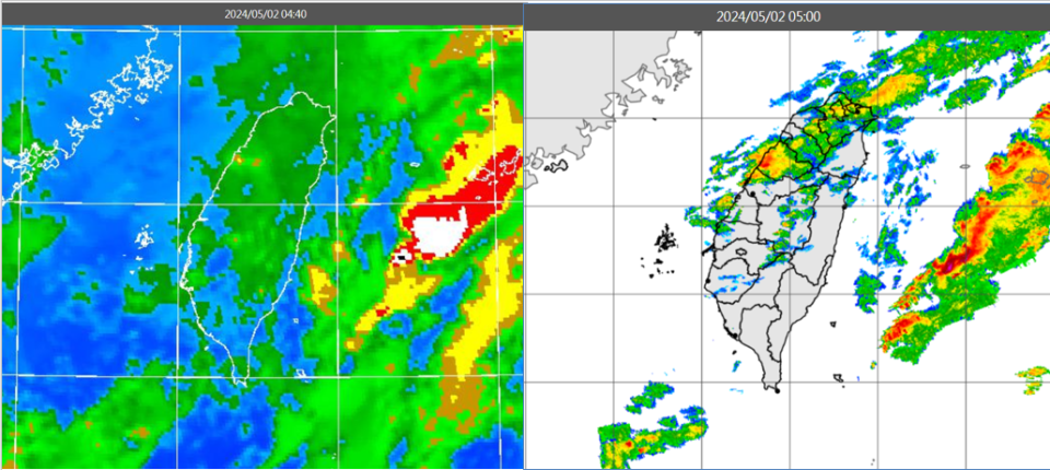 今晨4：40紅外線色調強化雲圖顯示，台灣上空有厚實雲層（左）。5時雷達回波合成圖顯示，雲層伴隨回波消長（右）。翻攝自三立準氣象.老大洩天機官網