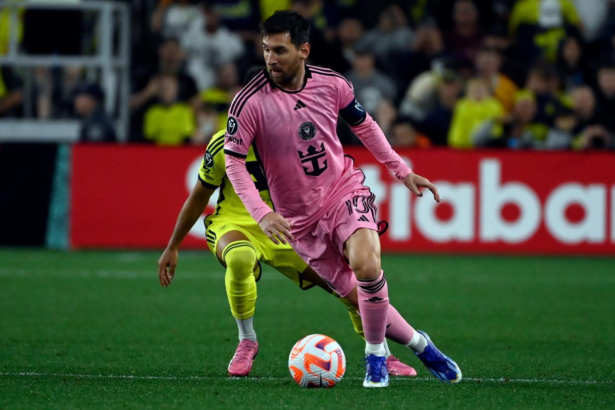Inter Miami forward Lionel Messi (10) plays against Nashville SC during the second half of an CONCACAF Champions Cup tournament soccer match Thursday, March 7, 2024, in Nashville, Tenn.