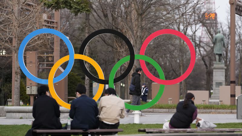 The Olympic rings are displayed in Sapporo, northern Japan, Saturday, April 15, 2023. Sapporo’s bid for the 2030 Winter Olympics is getting a last-minute push.