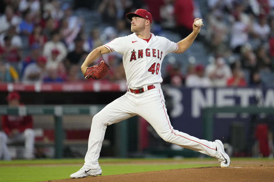 Los Angeles Angels starting pitcher Reid Detmers (48) throws during the first inning of a baseball game against the Texas Rangers in Anaheim, Calif., Tuesday, Sept. 26, 2023. (AP Photo/Ashley Landis)