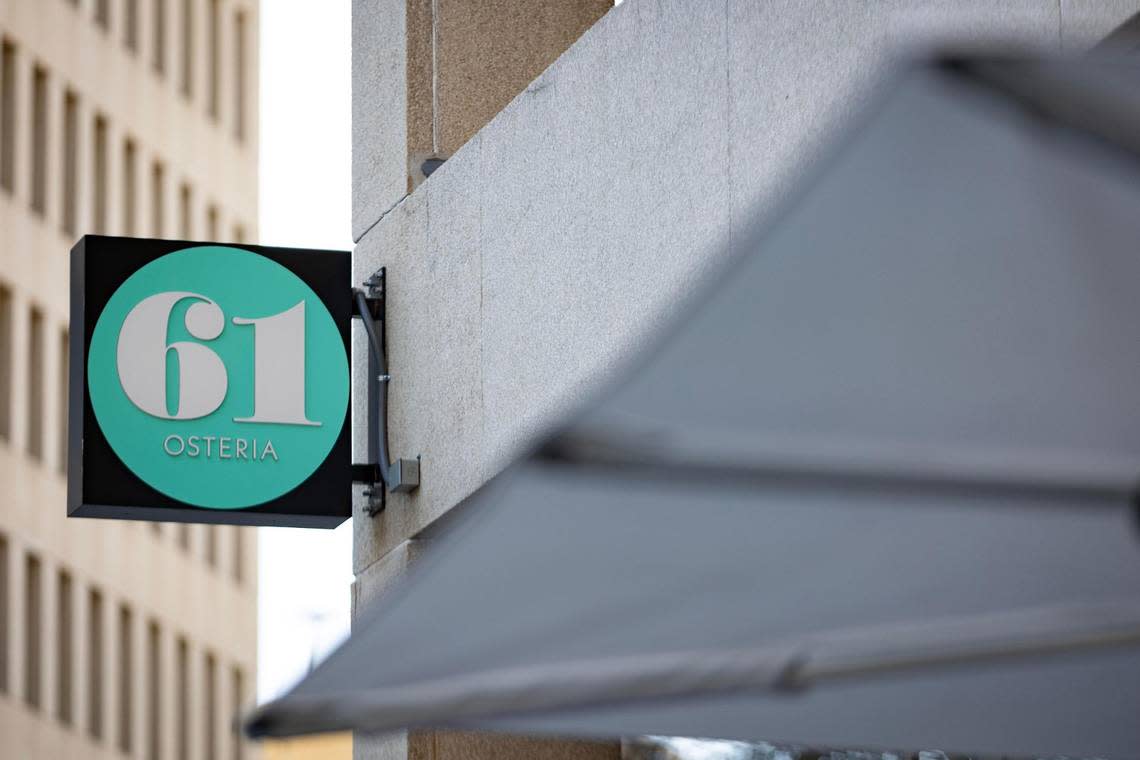 The 61 Osteria restaurant sign in downtown Fort Worth on Monday, March 6, 2023. The restaurant is opening a new patio space to enjoy this spring.