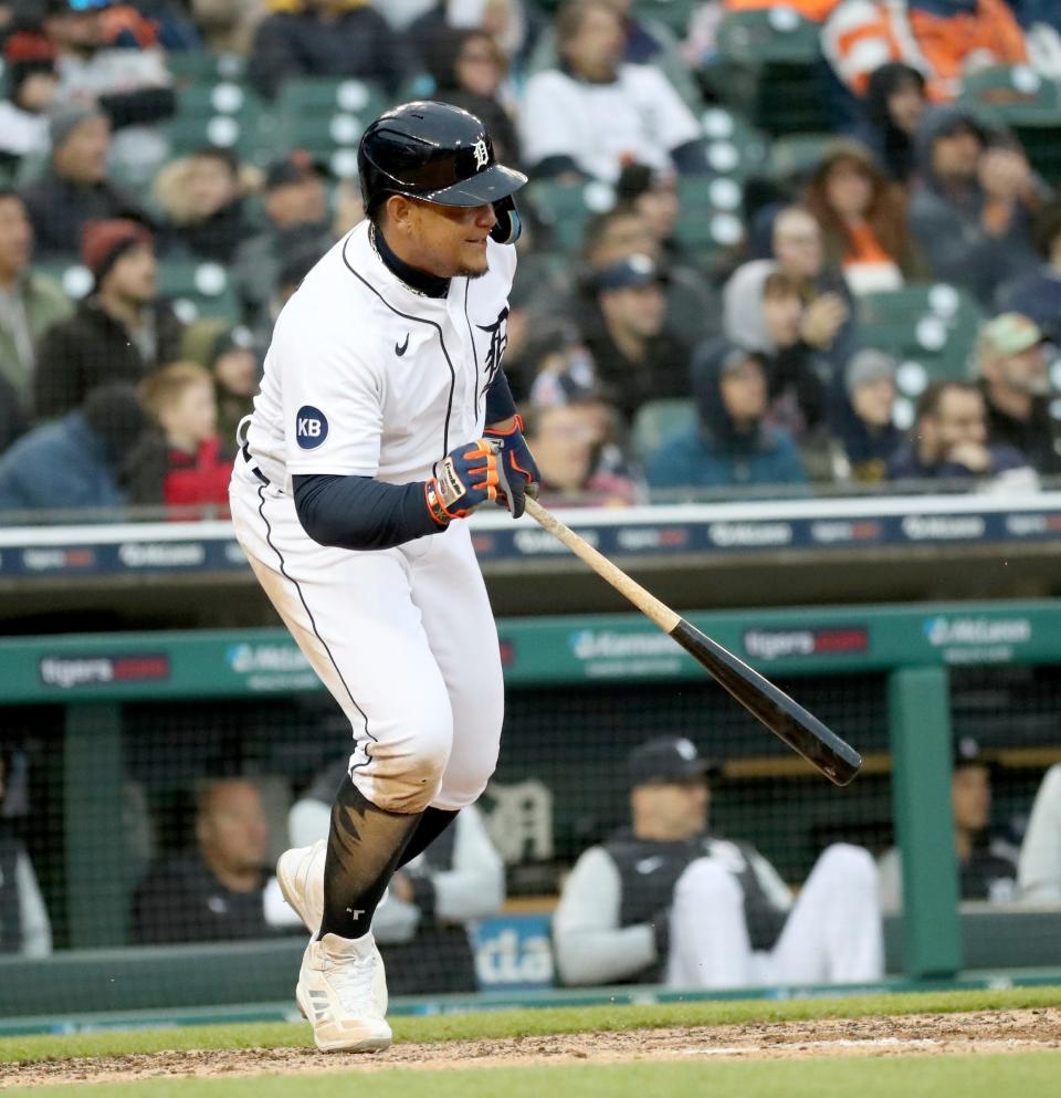 Miguel Cabrera singles against the Yankees during the fourth inning Wednesday at Comerica Park.