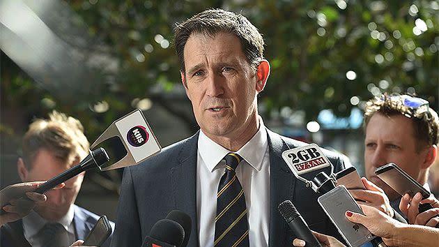 Cricket Australia CEO James Sutherland addresses media outside court. Pic: AFP