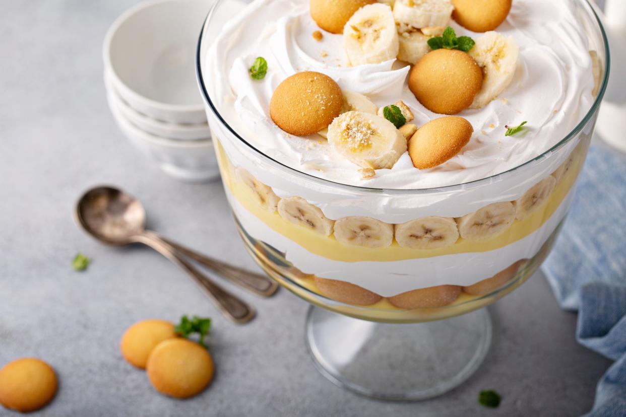 Banana pudding trifle with vanilla wafers in a large digh glass