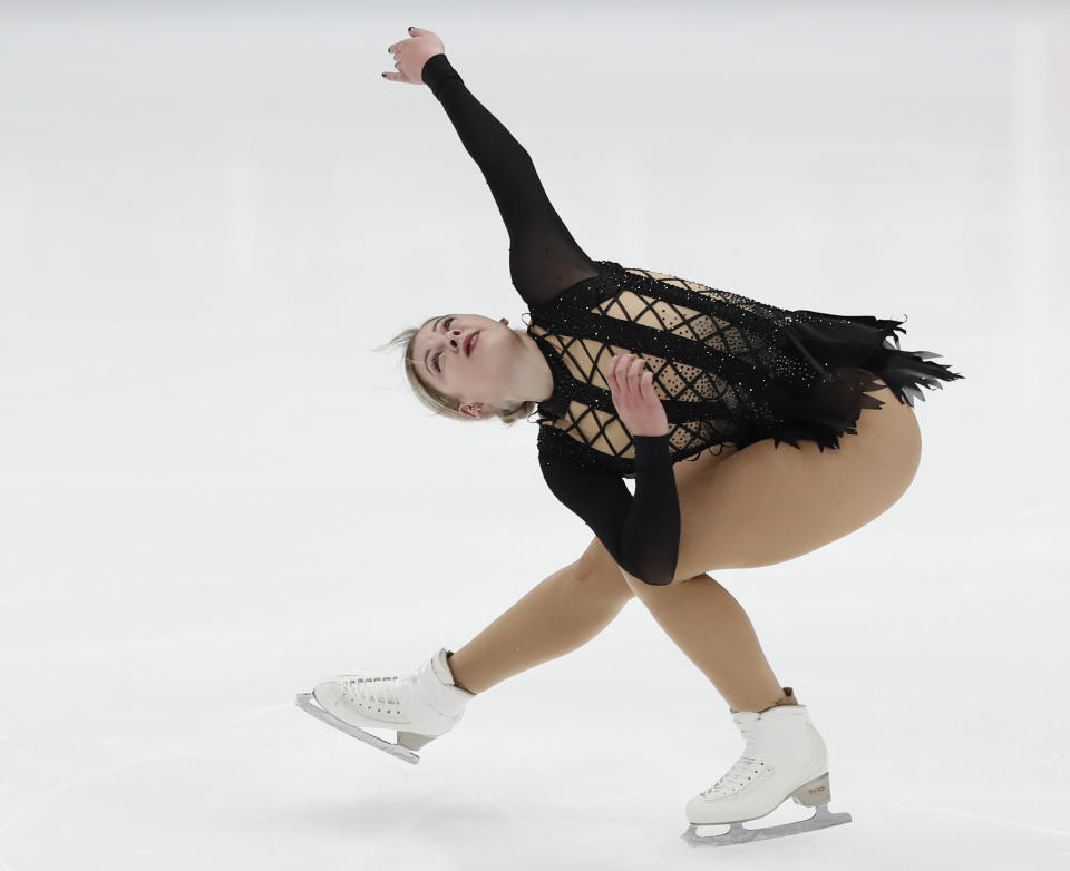 Gracie Gold of the United States performs in the ladies short program during the ISU Grand Prix of Figure Skating Rostelecom Cup in Moscow, Russia, Friday, Nov. 16, 2018. (AP Photo/Pavel Golovkin)