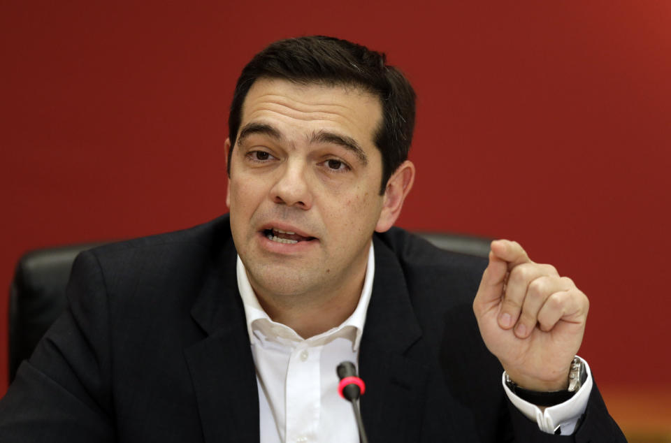 Alexis Tsipras, head of Greece's Syriza left-wing main opposition party speaks during a press conference at Zappeio Hall in Athens, on Friday, Jan. 23, 2015. (AP Photo/Thanassis Stavrakis)