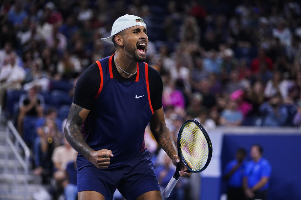 Nick Kyrgios, of Australia, reacts after defeating J.J. Wolf, of the United States, during the third round of the U.S. Open tennis championships, Friday, Sept. 2, 2022, in New York. (AP Photo/Frank Franklin II)