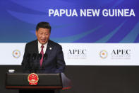 China's President Xi Jinping speaks during the APEC CEO Summit 2018 in Port Moresby, Papua New Guinea, Saturday, Nov. 17, 2018. (Fazry Ismail/Pool Photo via AP)