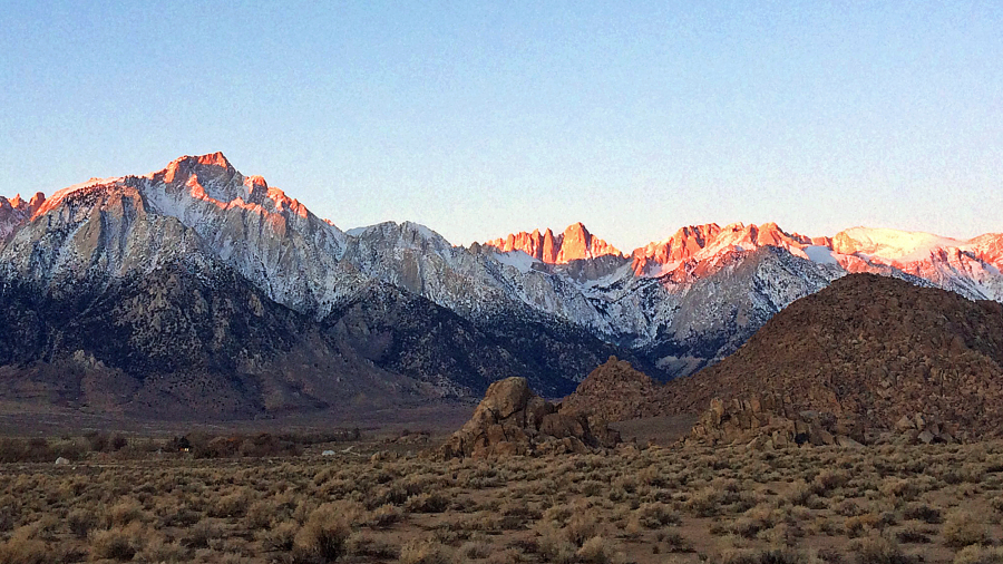 Seen is the eastern Sierra Nevada, with Mount Whitney, the largest of three pinnacles at center, near Lone Pine, Calif., Dec. 21, 2016.
