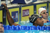 Simone Manuel participates in the women's 50 freestyle during wave 2 of the U.S. Olympic Swim Trials on Saturday, June 19, 2021, in Omaha, Neb. (AP Photo/Jeff Roberson)