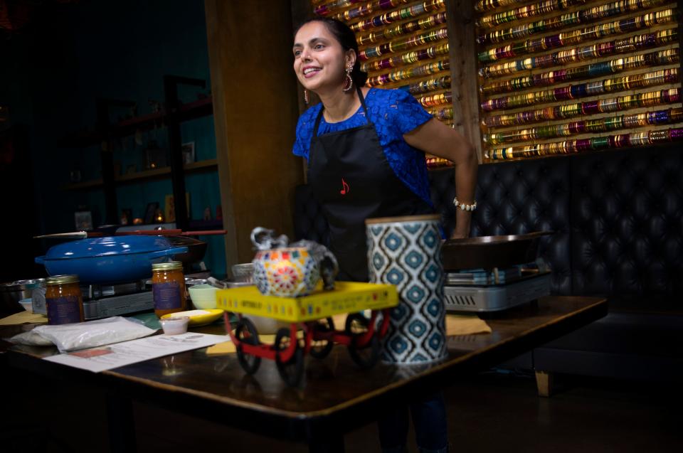 Maneet Chauhan prepares to shoot a virtual cooking class at her restaurant Chaatable for clients of the Nashville Convention and Visitors Corporation Tuesday, Aug. 11, 2020 in Nashville, Tenn. 