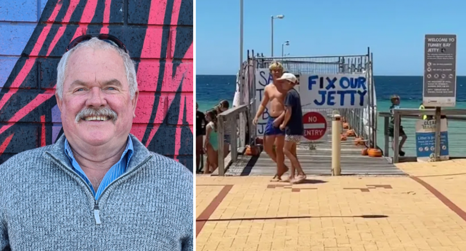 Left, Tumby Bay Mayor Geoff Churchett smiles to the camera. Right, two locals walk past restrictive barriers stopping people just using the jetty. Signs on the barriers read, 'Fix our jetty'. 