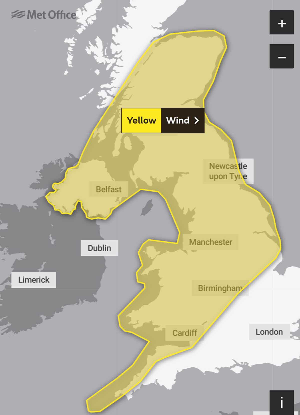 A yellow warning for wind has been issued across the majority of the UK from 10.00 on Wednesday until 07.00 on Thursday (Met Office/screengrab)