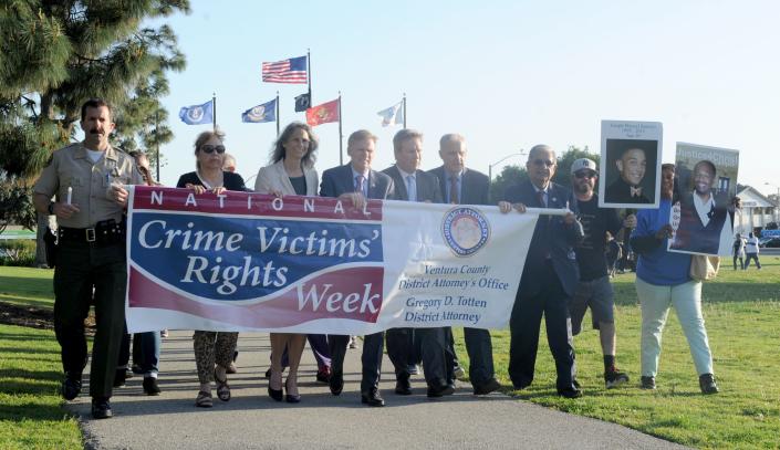 Ventura County officials in 2019 march at the county government center to commemorate National Crime Victims&#39; Rights Week. On Thursday, an in-person commemoration will take place at the Oxnard Performing Arts Center.