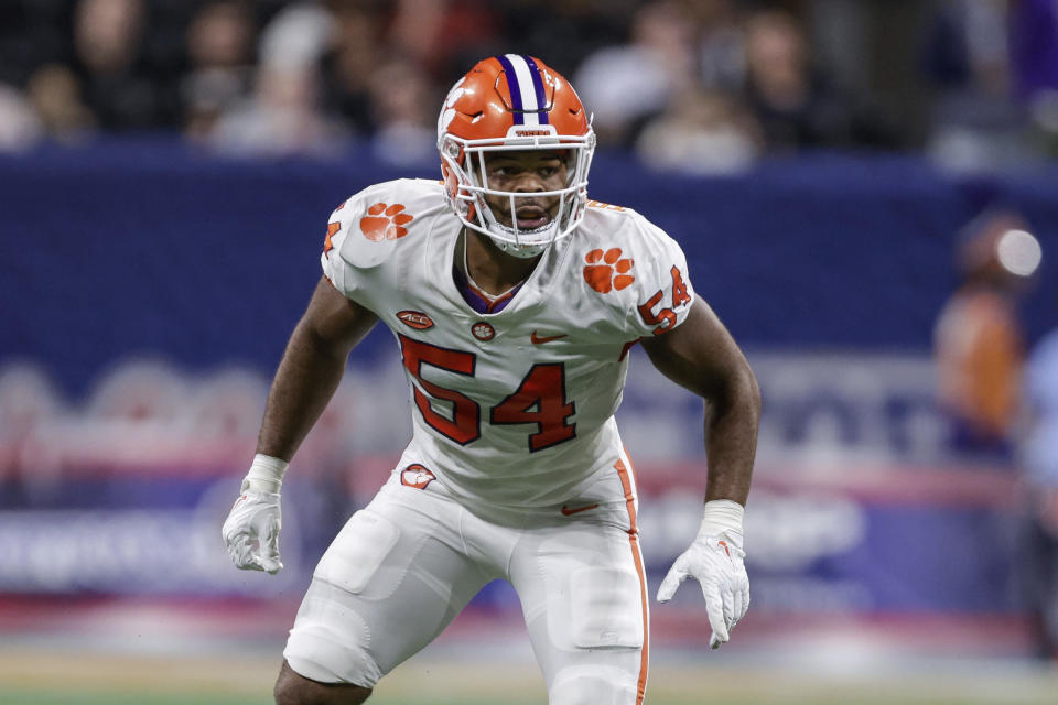 FILE - Clemson's Jeremiah Trotter Jr. (54) defends during the first half of an NCAA football game against Georgia Tech on Monday, Sept. 5, 2022, in Atlanta. Clemson opens their season on Sept. 4 at Duke.(AP Photo/Stew Milne, File)