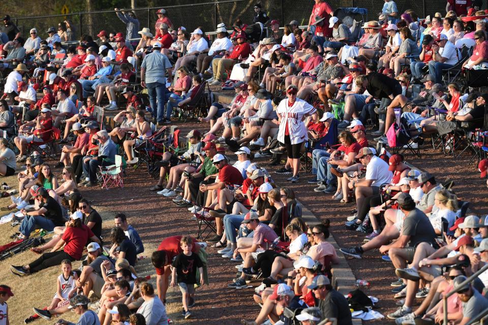 The crowd in the Brickyard watches the action in Rhoads Stadium Saturday, March 5, 2022, in the Crimson Classic as Alabama faced Texas. 