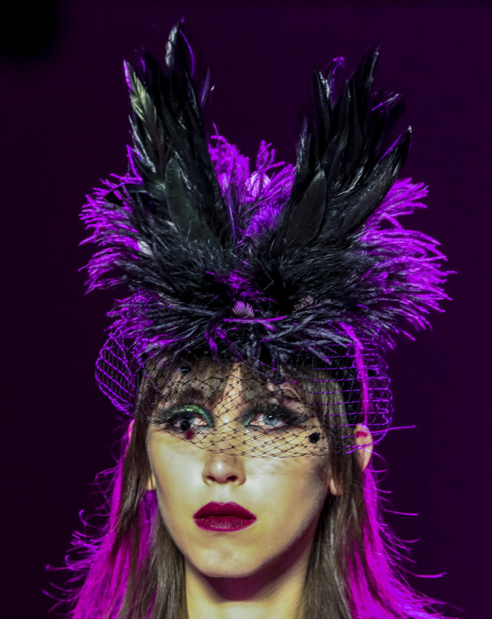 The latest fashion creation from Anna Sui is modeled during New York's Fashion Week, Monday, Feb. 10, 2020. (AP Photo/Bebeto Matthews)