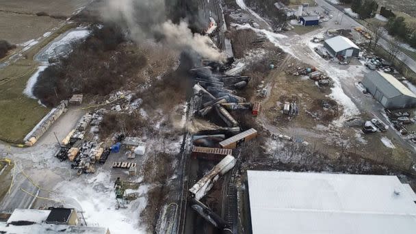 PHOTO: Drone footage shows the freight train derailment in East Palestine, Ohio, Feb. 6, 2023, in an image from video released by the NTSB. (NTSB via Reuters)