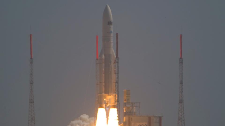 a white ariane 5 rocket launches from french guiana on may 14, 2009