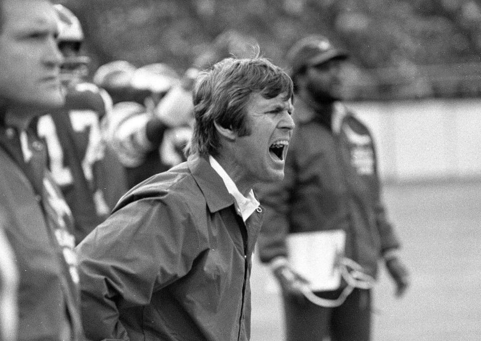 FILE - Philadelphia Eagles coach Dick Vermeil yells from the sideline as the team played against the St. Louis Cardinals on Nov. 7, 1976, in Philadelphia. Vermeil won a Super Bowl with the St. Louis Rams and later coached the Kansas City Chiefs. But Philly is home and he’s going into the Pro Football Hall of Fame as an Eagle. (AP Photo, File)