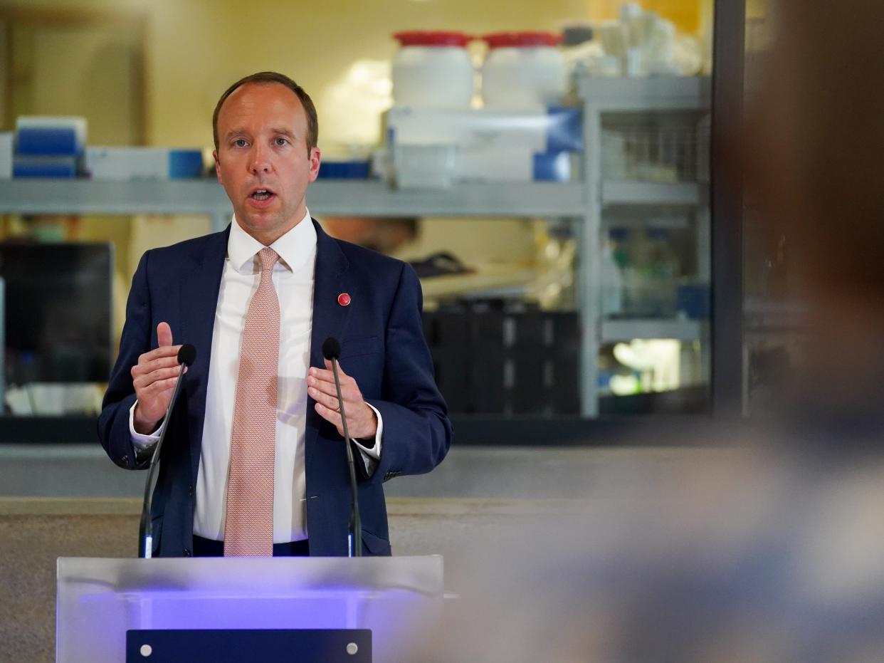 <p>Health secretary Matt Hancock delivered a speech at the Jenner Institute in Oxford on Wednesday afternoon</p> (Getty)