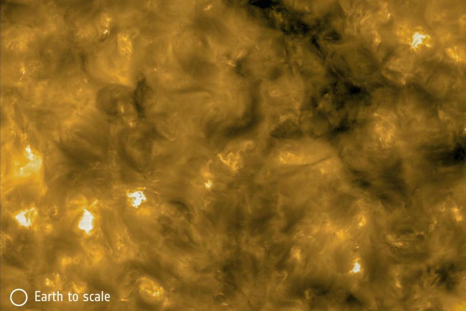 The solar flares can be seen burning brightly, with Earth for scale on the bottom left (Solar Orbiter/ESA/NASA)