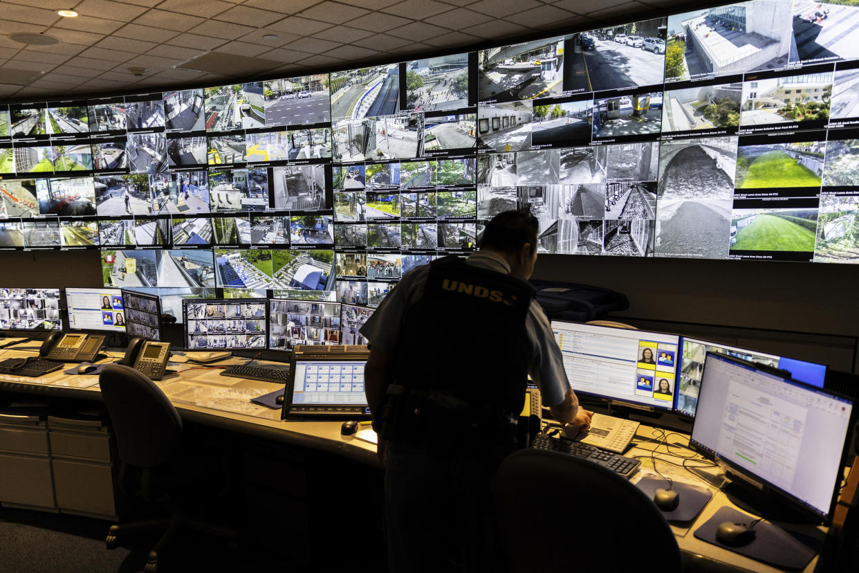 A U.N. security officer inside the U.N. Security Operations Center inside the United Nations Headquarters, Friday Sept. 20, 2024. (AP Photo/Stefan Jeremiah)