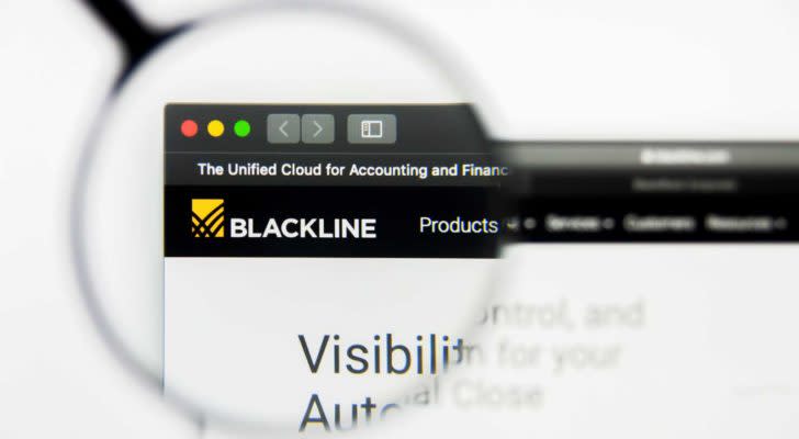A magnifying glass zooms in on the website of BlackLine (BL).