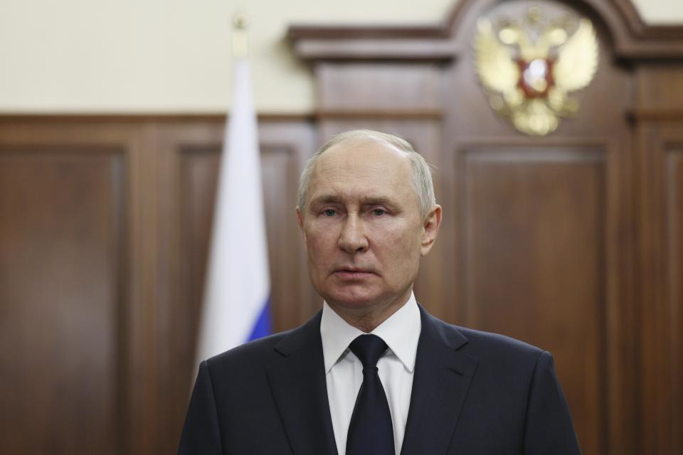 CORRECTS DATE TO JUNE 26 - Russian President Vladimir Putin delivers his address to the nation in Moscow, Russia, Monday, June 26, 2023. (Gavriil Grigorov, Sputnik, Kremlin Pool Photo via AP)