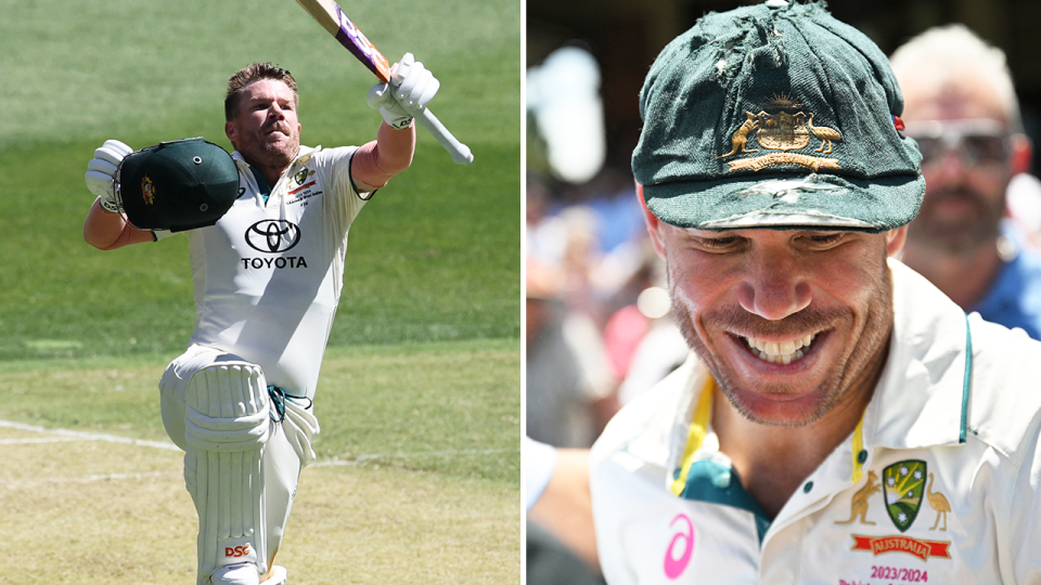 David Warner jumps and Warner smiles.