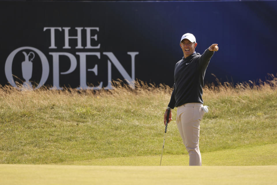 Northern Ireland's Rory McIlroy gestures as he stands on the 1st green during a practice round for the British Open Golf Championships at the Royal Liverpool Golf Club in Hoylake, England, Monday, July 17, 2023. The Open starts Thursday, July 20. (AP Photo/Peter Morrison)