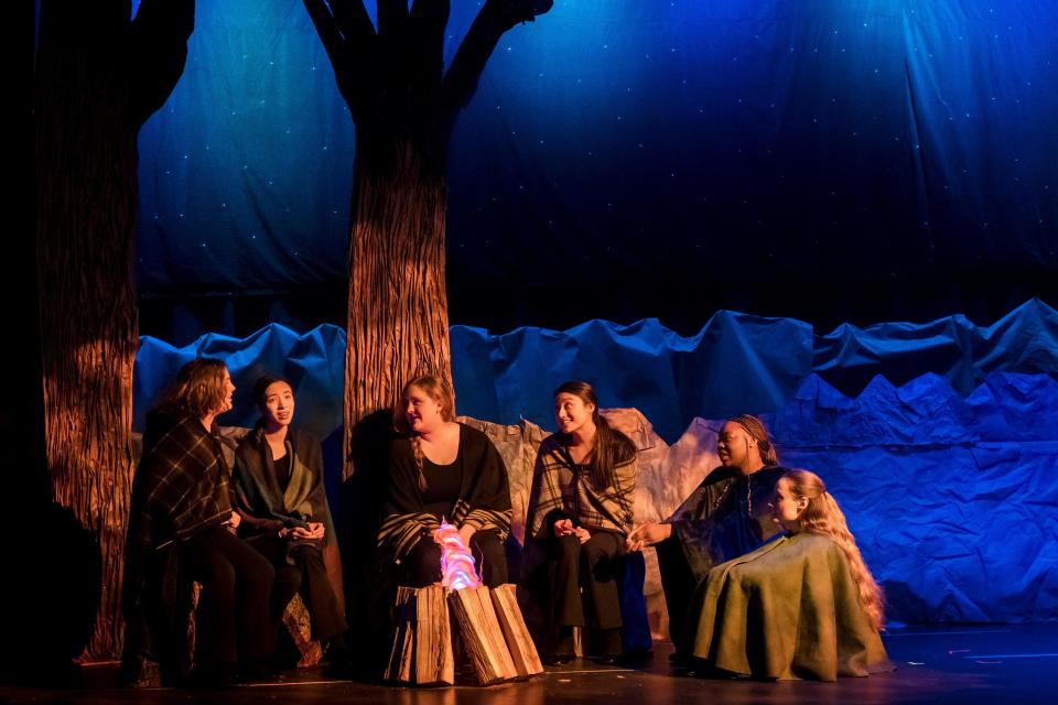 Caidence McDonald, left, Lara Sozer, Anne Sableski, Hannah-Nicole Park, Sincere Cannon and Shaina Parks appear in Saint Mary’s College’s Storytellers Ensemble's original production “By Campfire & Candlelight: Stories to Spark Imagination,” which has public performances March 31 and April 2, 2023, in The Little Theatre at the Moreau Center for the Arts on campus.