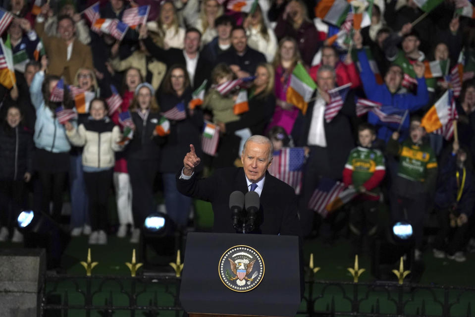 President Joe Biden delivers a speech at St Muredach's Cathedral in Ballina, Ireland, Friday, April 14, 2023. (Brian Lawless/PA via AP)