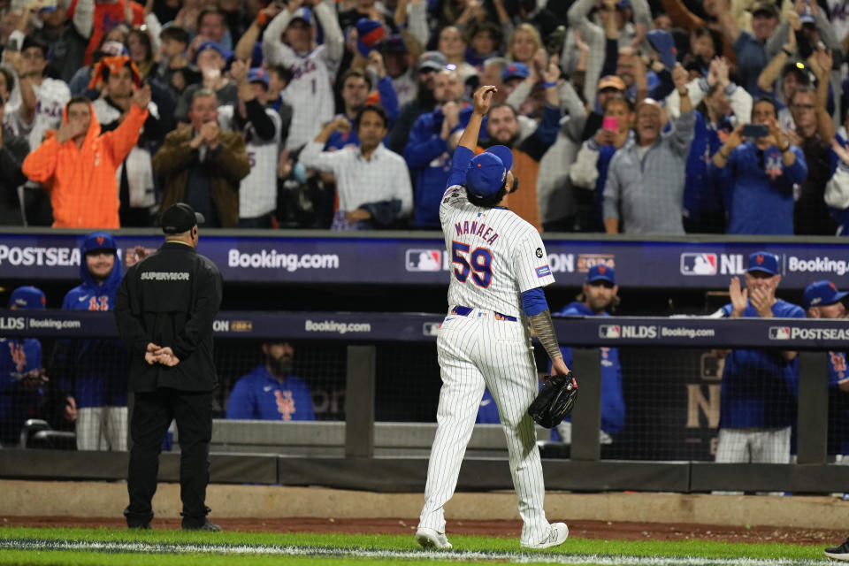 New York Mets pitcher Sean Manaea (59) reacts as he walks off the field during the eighth inning of Game 3 of the National League baseball playoff series against the Philadelphia Phillies, Tuesday, Oct. 8, 2024, in New York. (AP Photo/Seth Wenig)