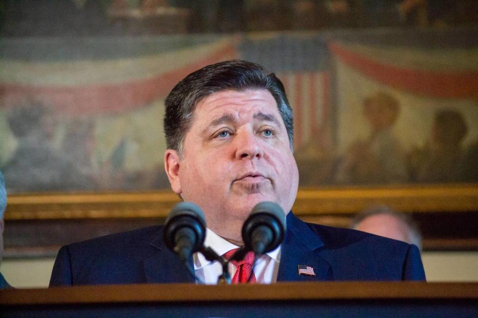 Gov. JB Pritzker is pictured in his Capitol office.