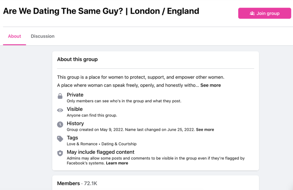 The UK hub of ‘Are We Dating the Same Guy?’ has more than 72,000 members at the time of writing (Facebook)