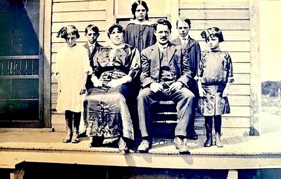 The Robidoux family in Radville, Saskatchewan, circa 1936. From left, Theresa, Lawrence, Eva Sabourin (Lawrence’s mother), Lucille, Joseph Telesphore Robidoux (Lawrence’s father), an unidentified boy and Denise.