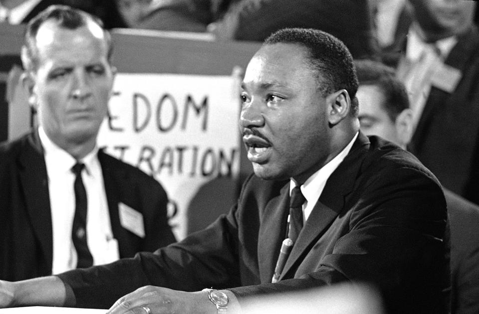 <p>Dr. Martin Luther King speaks before the credentials committee of the Democratic National Convention in Atlantic City on Aug. 22, 1964, in efforts to win accreditation for the group as Mississippiís delegation to the convention. (AP Photo) </p>