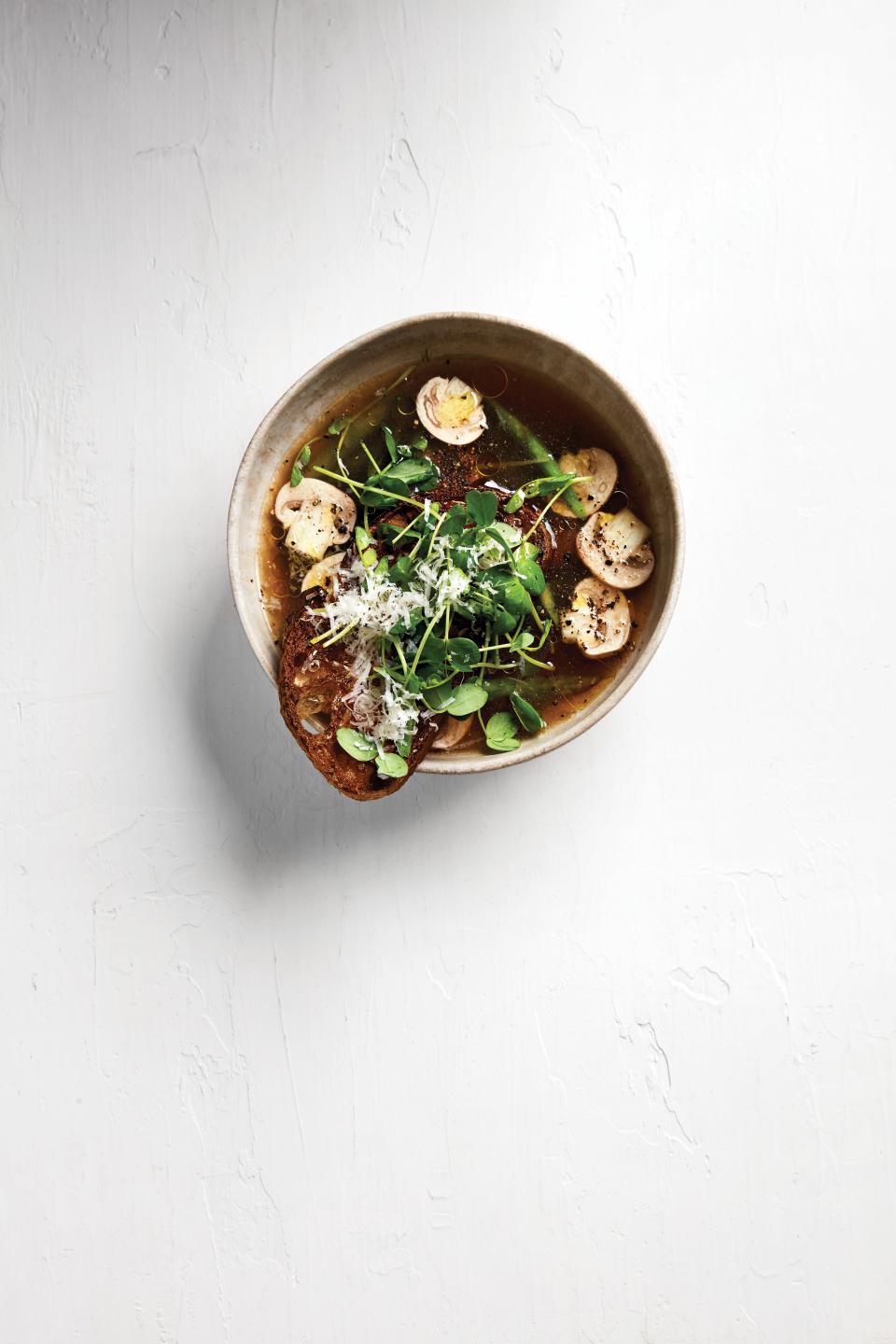 Chicken Brodo with Spring Vegetables and Fried Bread