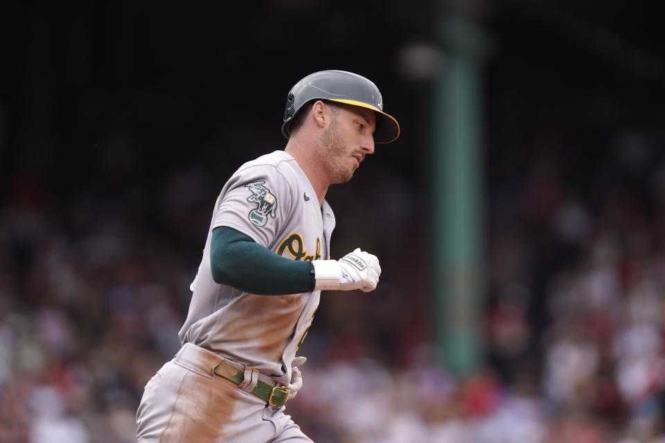 Oakland Athletics' Brent Rooker runs the bases after hitting a home run in the fifth inning of a baseball game against the Boston Red Sox, Sunday, July 9, 2023, in Boston. (AP Photo/Steven Senne)