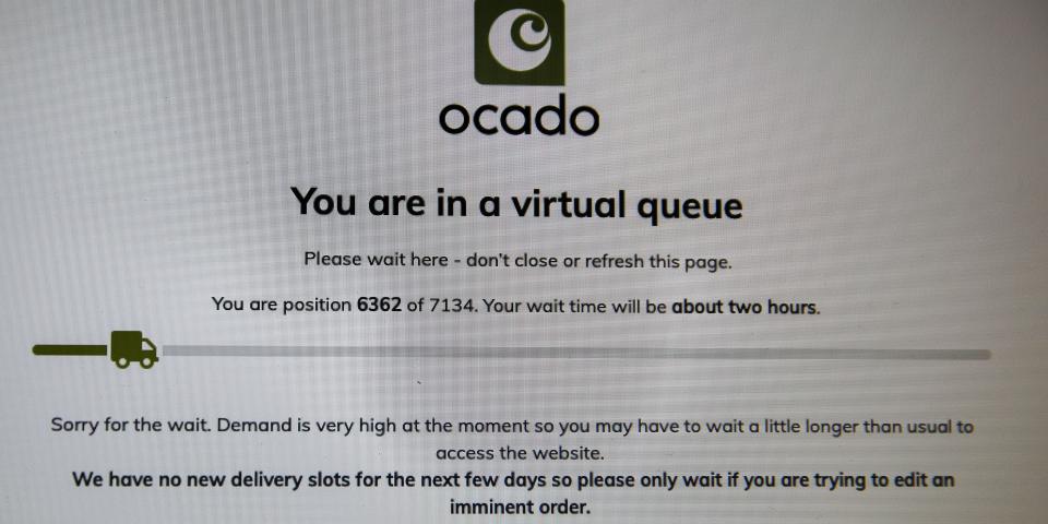 LONDON, UNITED KINGDOM - 2020/03/18: In this photo illustration, a screenshot of Ocado's website, showing over 7100 people waiting for online shopping with wait time of about two hours. (Photo Illustration by Dinendra Haria/SOPA Images/LightRocket via Getty Images)