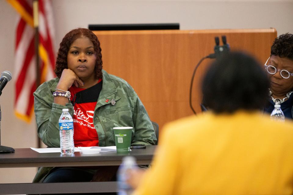 Memphis-Shelby County Schools board member Stephanie Love listens as Yolonda Brown, chief academic officer for Atlanta Public Schools, answers a question while being interviewed by the MSCS board for the superintendent position in Memphis, Tenn., on Friday, February 2, 2024.