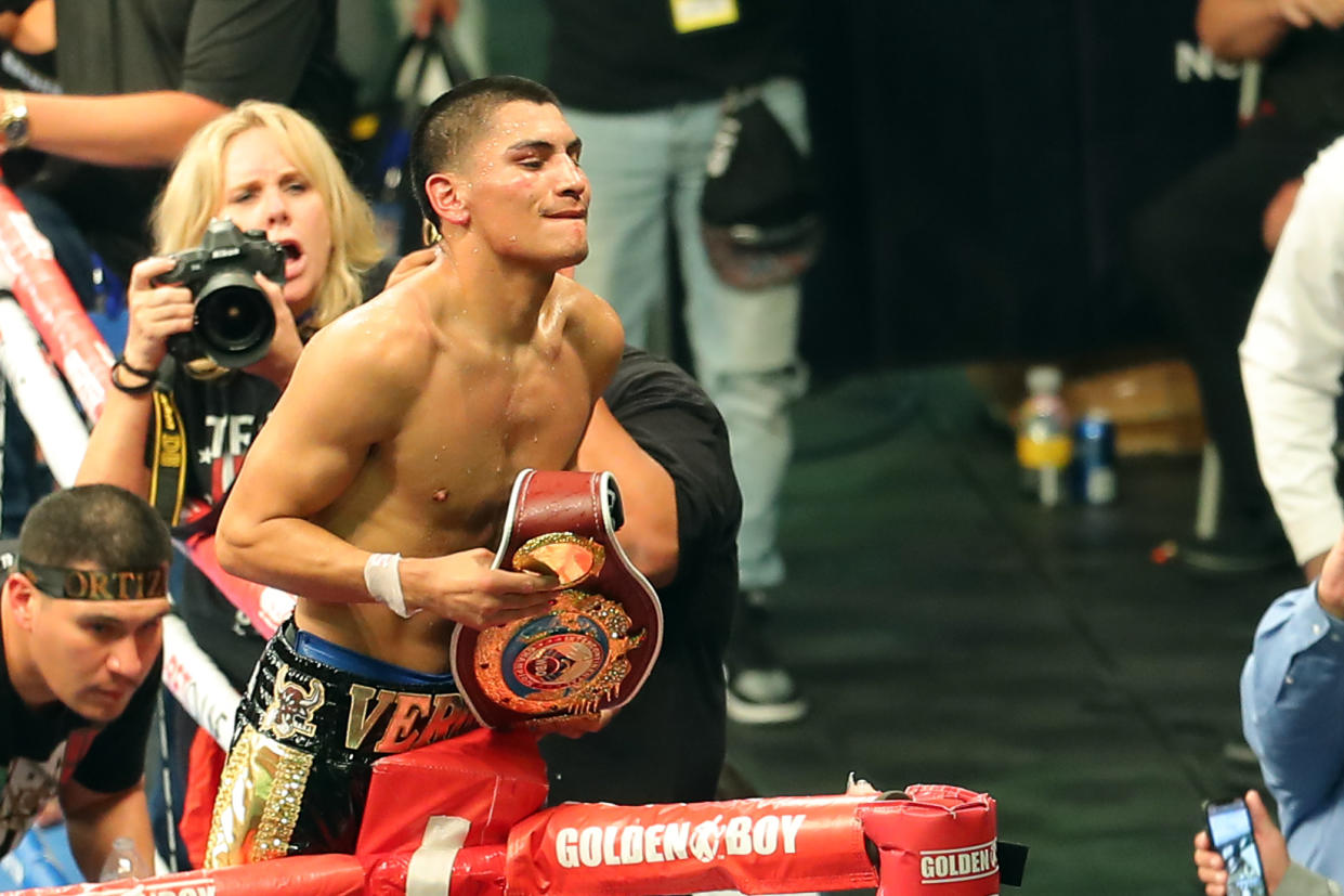 FRISCO, TX - AUGUST 14: Vergil Ortiz Jr. (R) celebrates his knock-out victory over Egidijus Kavaliauskas during their fight for the WBO International Welterweight Title at The Ford Center at The Star on August 14, 2021 in Frisco, Texas. (Photo by Omar Vega/Getty Images)