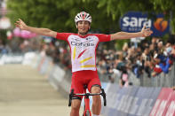 France's Viktor Lafay celebrates winning the eighth stage of the Giro d'Italia cycling race, from Foggia to to Guardia Sanframondi, Italy, Saturday, May 15, 2021. (Massimo Paolone/LaPresse via AP)