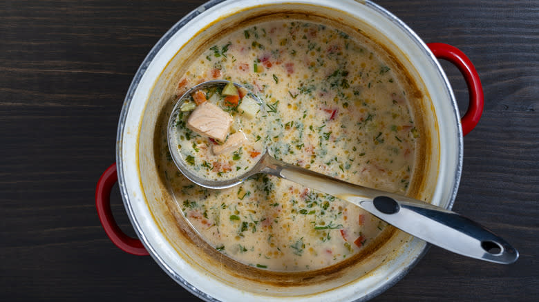 pot of soup with ladle